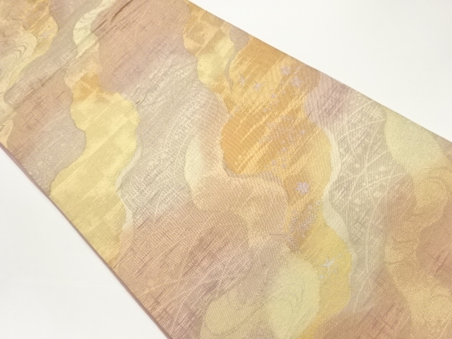 道長取りに草花・鳥・流水模様織出し袋帯